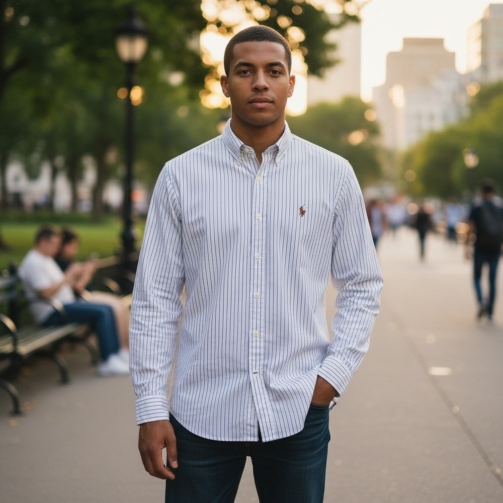 Ralph Lauren Button Down 17-33 White Blue Stripe Yarmouth Cotton Traditional